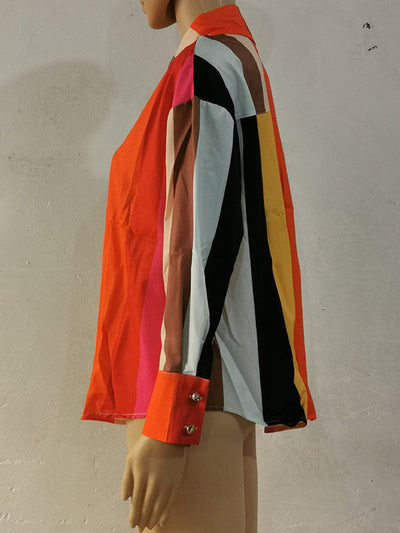 Long Sleeves Loose Contrast Color Printed Lapel Blouses