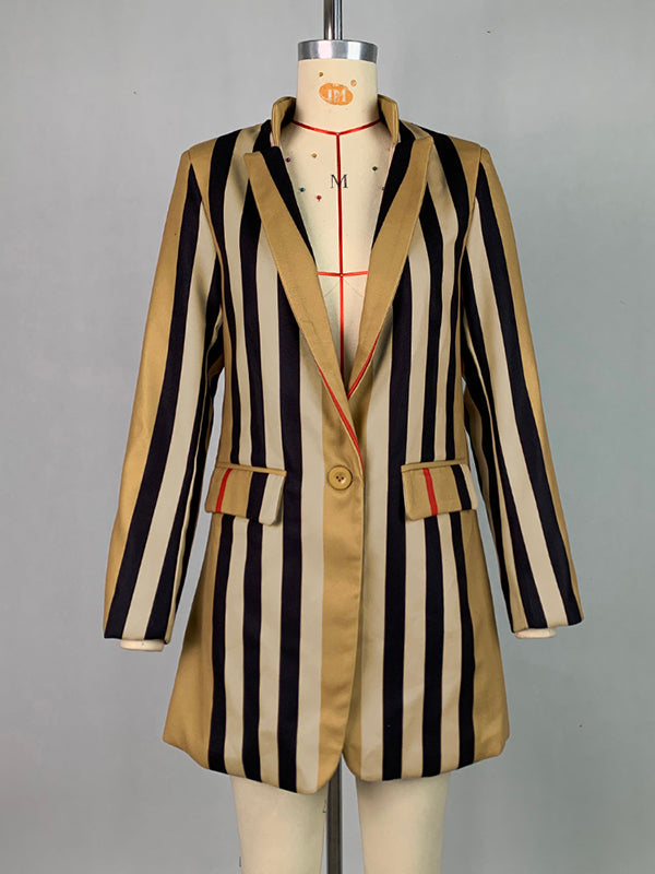 Long Sleeves Loose Buttoned Split-Joint Striped Stand Collar Woolen Coat