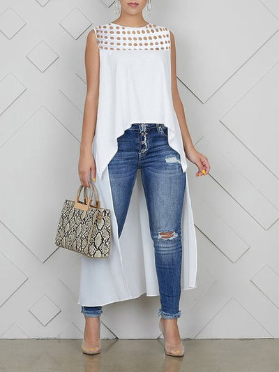High-Low Loose Embroidered Solid Color Round-Neck Vest Top