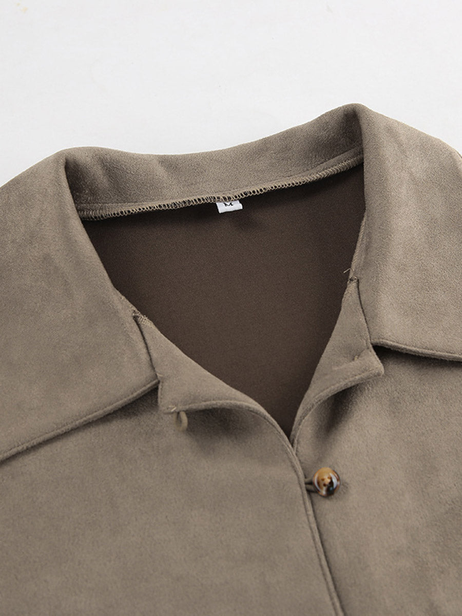 Long Sleeves Loose Buttoned Solid Color Split-Joint Lapel Blouses&Shirts Tops Outerwear