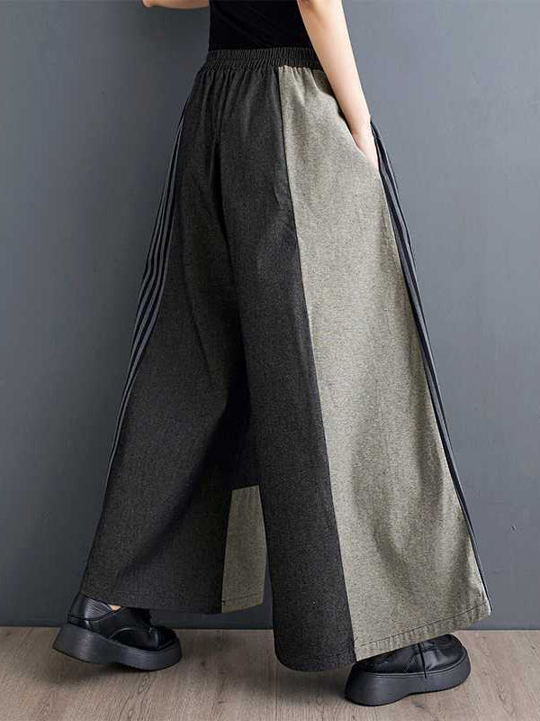 High Waisted Loose Elasticity Pockets Split-Joint Striped Pants Trousers