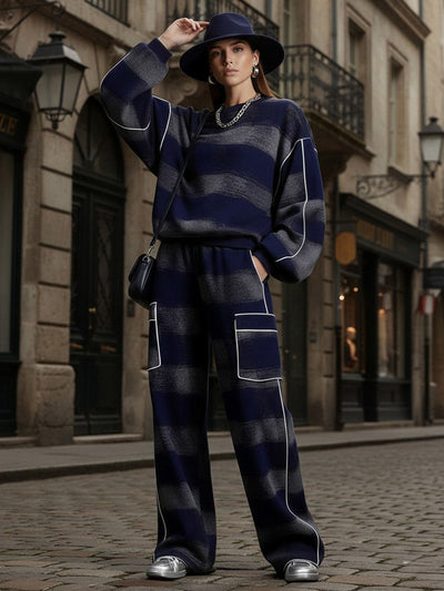 Loose Wide Leg Contrast Color Line Pockets Split-Joint Striped Pants