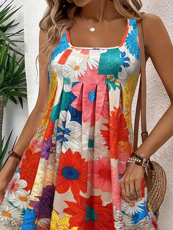 A-Line High Waisted Flower Print Pleated Round-Neck Mini Dresses