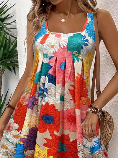 A-Line High Waisted Flower Print Pleated Round-Neck Mini Dresses
