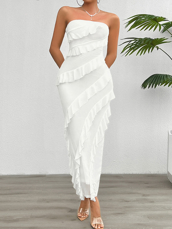 Bodycon High Waisted Ruffle Trim Solid Color Split-Back Split-Joint Tube Maxi Dresses