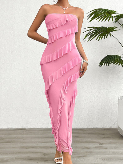 Bodycon High Waisted Ruffle Trim Solid Color Split-Back Split-Joint Tube Maxi Dresses