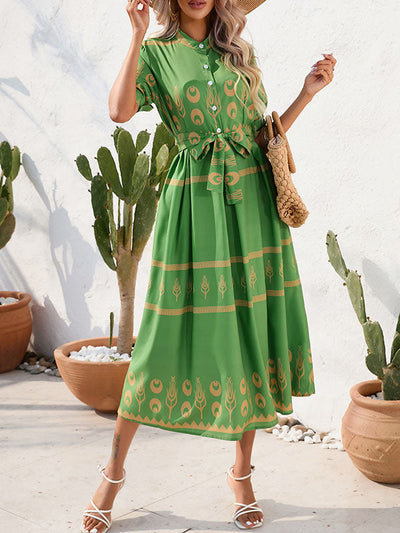 A-Line Half Sleeves Buttoned Tied Waist Lapel Midi Dresses