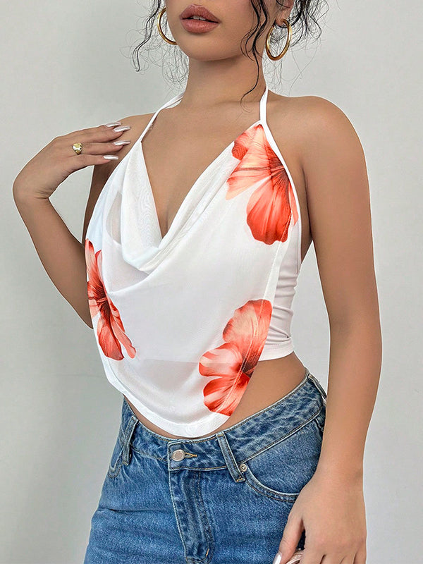 Sleeveless Flower Print Halter-Neck Vest Top