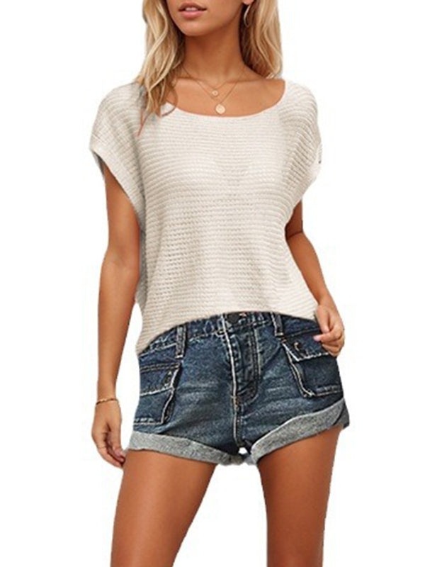Loose Raglan Sleeve Solid Color Round-neck Knitwear Pullovers