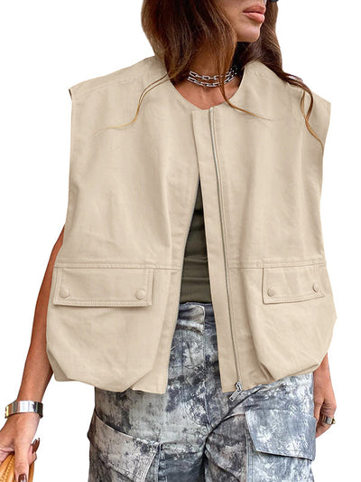 Loose Sleeveless Pockets Split-Joint Zipper Round-Neck Vest Outerwear