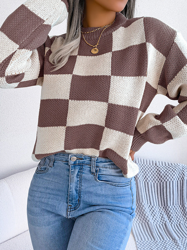 Long Sleeves Loose Contrast Color Plaid Round-Neck Sweater Tops
