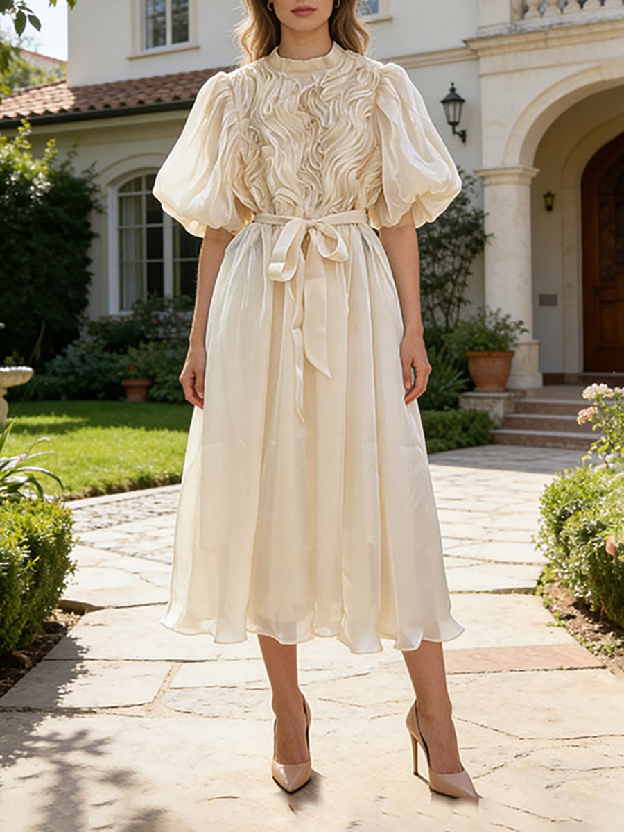 Half Sleeves High Waisted Pleated Ruffled Tied Waist Zipper Round-Neck Maxi Dresses