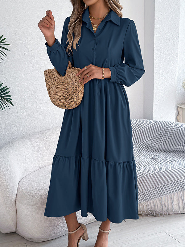 High Waisted Long Sleeves Pleated Ruffled Solid Color Lapel Midi Dresses Shirt Dress