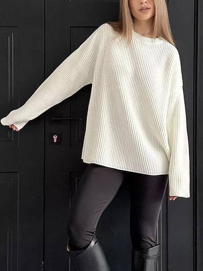 Long Sleeves Loose Solid Color Split-Joint Round-Neck Sweater Tops