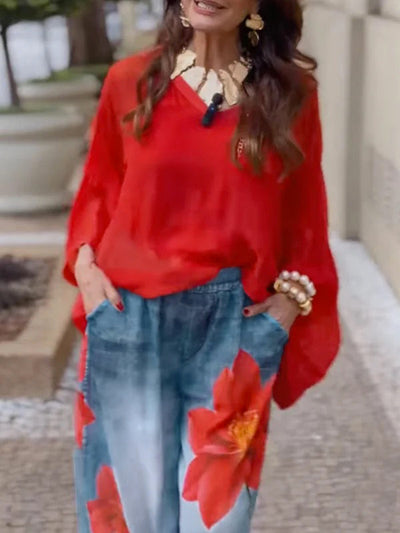 Loose Wide Leg Flower Print Jean Pants Bottoms Trousers