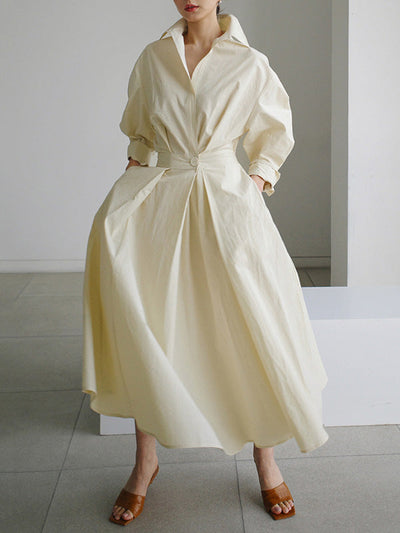 Long Sleeves Loose Buttoned Solid Color Lapel Midi Dresses