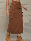 A-Line Buttoned Drawstring Pockets Solid Color Split-Side Skirts Bottoms