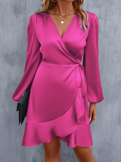 High Waisted High-Low Elasticity Pleated Solid Color Split-Joint Tied V-Neck Mini Dresses