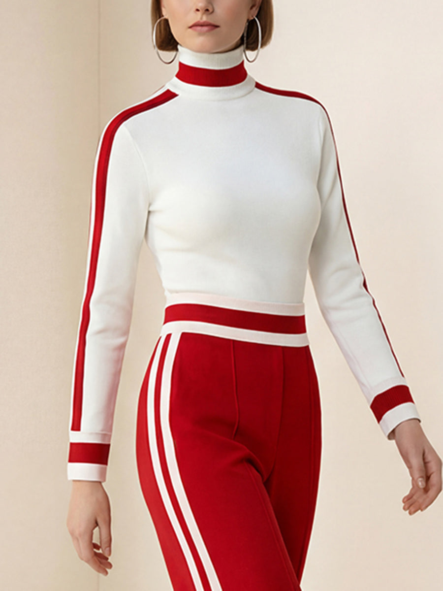 Long Sleeves Skinny Contrast Color Split-Joint Striped High Neck T-Shirts Tops