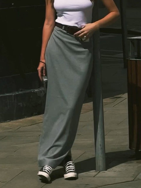 High Waisted Loose No Belt Solid Color Split-Back Split-Joint Zipper Skirts Bottoms