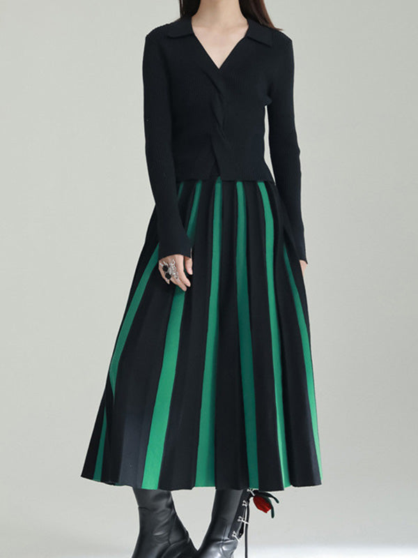 A-Line Loose Contrast Color Pleated Skirts Bottoms