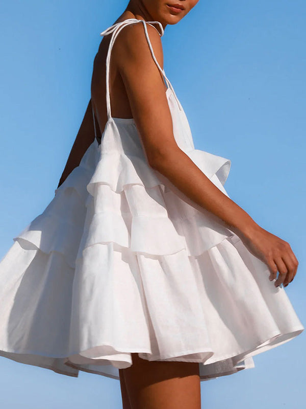 A-Line High Waisted Backless Layered Pleated Solid Color Spaghetti-Neck Mini Dresses