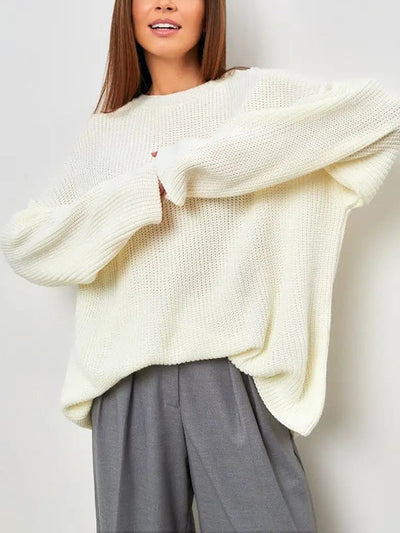 Long Sleeves Loose Solid Color Split-Joint Round-Neck Sweater Tops