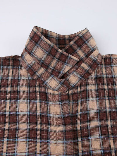 Long Sleeves Loose Buttoned Contrast Color Plaid Split-Joint Lapel Blouses&Shirts Tops Outerwear