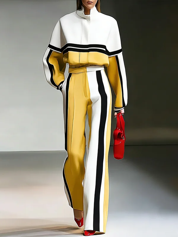 High Waisted Contrast Color Pockets Striped Pants Trousers