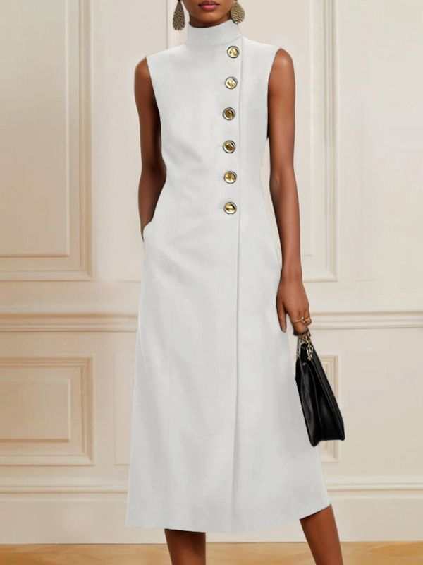 Loose Sleeveless Asymmetric Split-Joint High Neck Midi Dresses