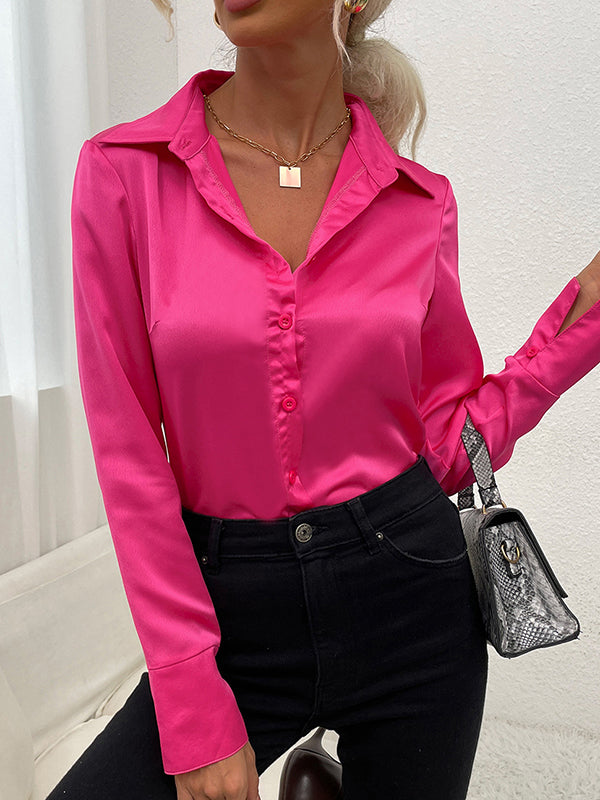 Long Sleeves Loose Buttoned Solid Color Lapel Blouses&Shirts Tops