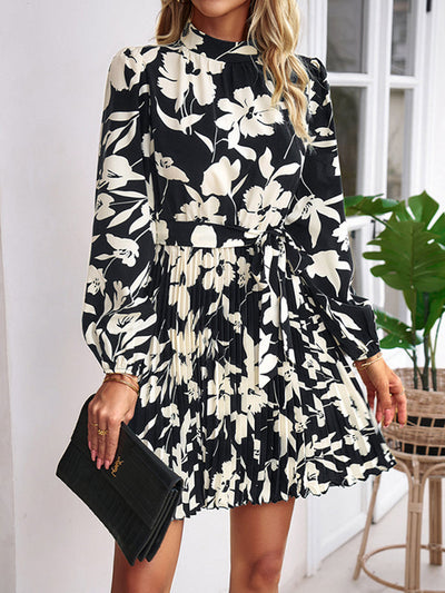High Waisted Long Sleeves Flower Print Pleated Tied Waist Mock Neck Mini Dresses