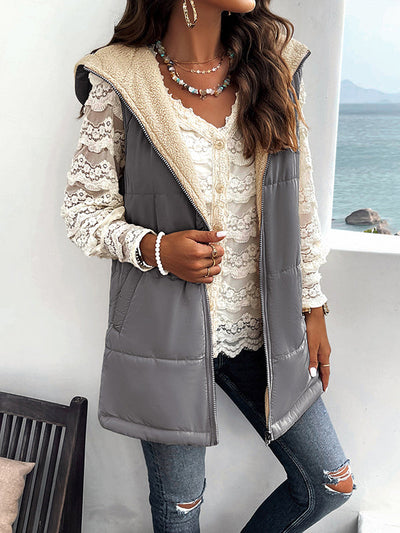 Loose Sleeveless Pockets Quilted Reversible Zipper Hooded Padded Vest Vest Outerwear