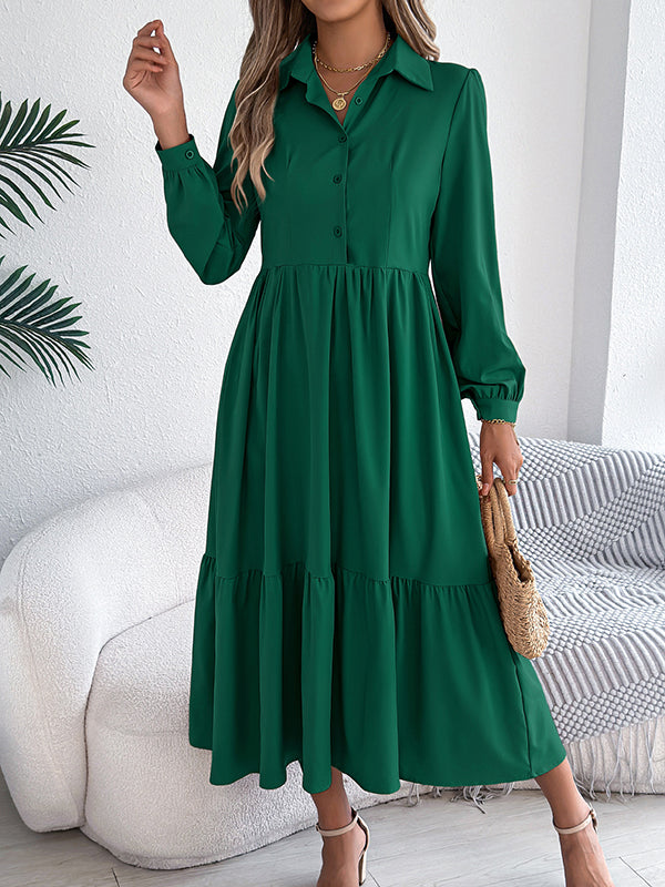 High Waisted Long Sleeves Pleated Ruffled Solid Color Lapel Midi Dresses Shirt Dress