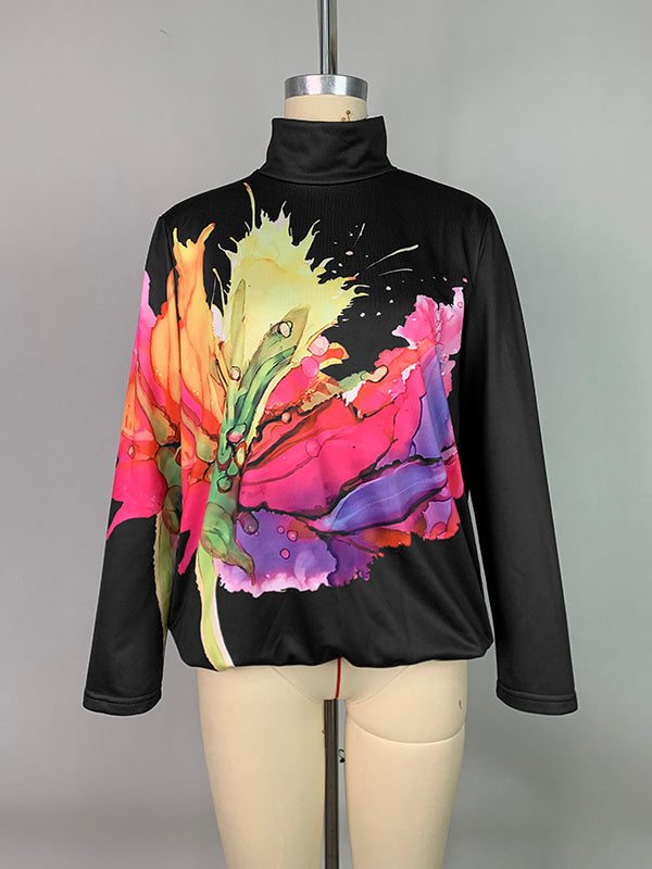 Long Sleeves Loose Flower Print Split-Joint High Neck Sweatshirt Tops