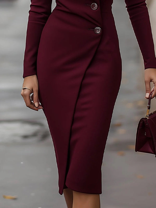 Bodycon High Waisted Buttoned Solid Color V-Neck Midi Dresses