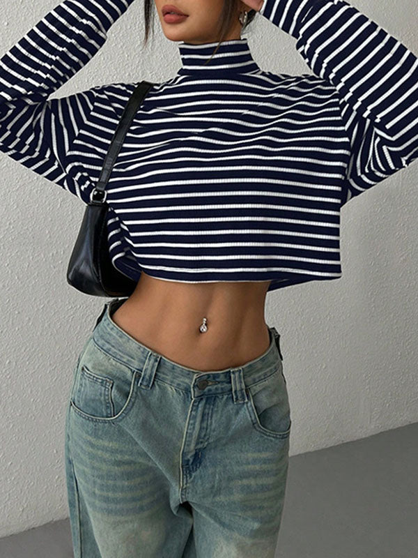 Long Sleeves Loose Contrast Color Split-Joint Striped High Neck T-Shirts Tops