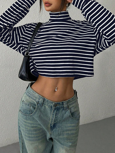 Long Sleeves Loose Contrast Color Split-Joint Striped High Neck T-Shirts Tops