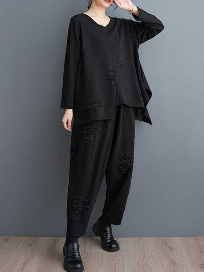 Long Sleeves Asymmetric Solid Color Split-Joint V-Neck T-Shirts Top + Harem Pants Elasticity Pants Bottom Two Pieces Set