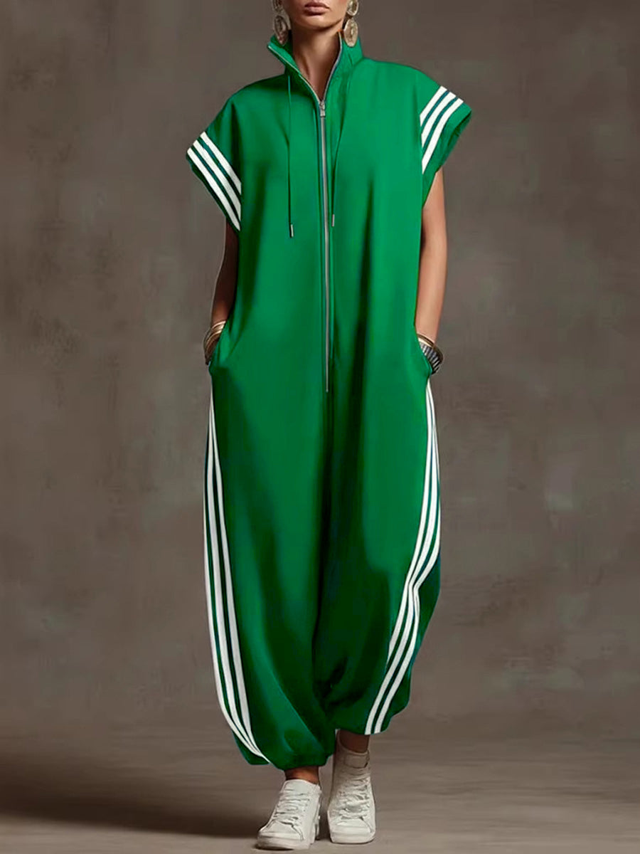 Loose Plus Size Contrast Color Pockets Split-Joint Striped Zipper Stand Collar Jumpsuits Ninth Pants