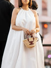 A-Line Loose Pleated Pockets Solid Color Halter-Neck Midi Dresses