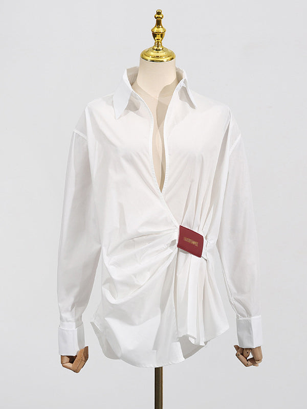 Long Sleeves Loose Buttoned Pleated Solid Color Lapel Blouses&Shirts Tops