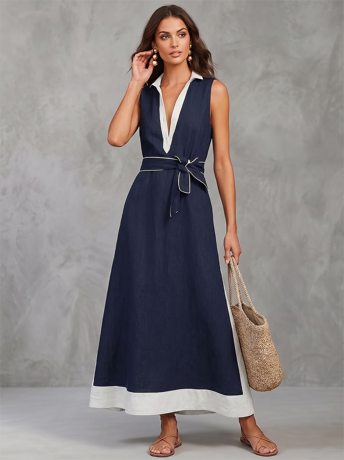 A-Line Loose Buttoned Contrast Color Pockets Tied Lapel Maxi Dresses