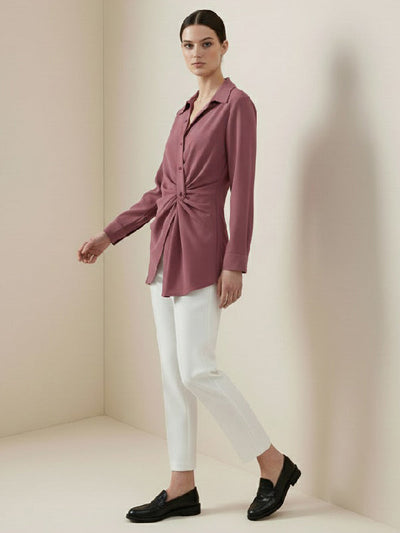 Long Sleeves Wrap Asymmetric Knot Pleated Lapel Blouses&Shirts Tops