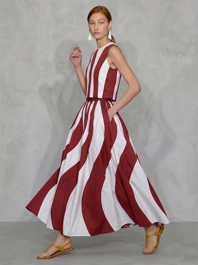A-Line High Waisted Contrast Color Pleated Pockets Wave Print Skirts Bottoms