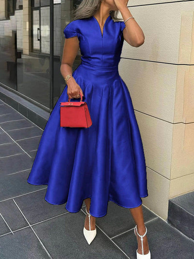 Short Sleeves Solid Color V-Neck Midi Dresses
