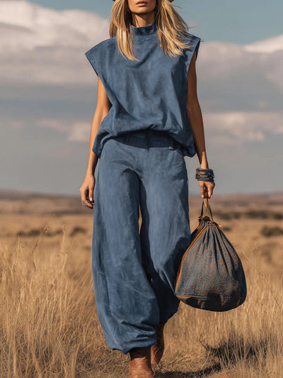 Loose Plus Size Pockets Solid Color Mock Neck T-Shirt Top + Pants Bottom Suits