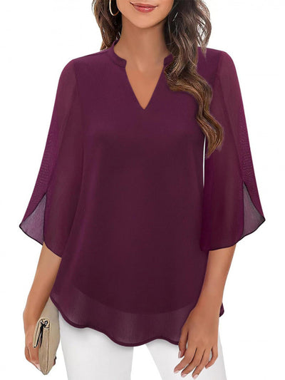 Half Sleeves Loose Solid Color V-Neck Blouses&Shirts Tops