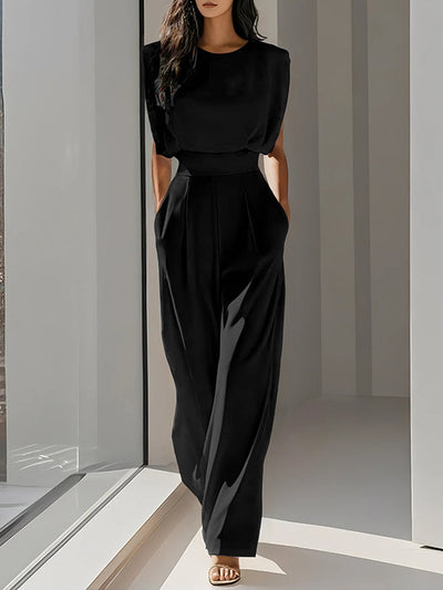 Loose Pleated Solid Color Split-Joint Round-Neck Jumpsuits