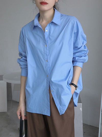Long Sleeves Loose Buttoned Solid Color Lapel Blouses&Shirts Tops